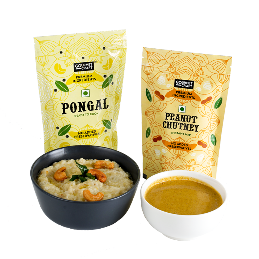 A combo pack of instant pongal mix and instant peanut chutney with a bowl of pongal and a bowl of peanut chutney kept ahead.