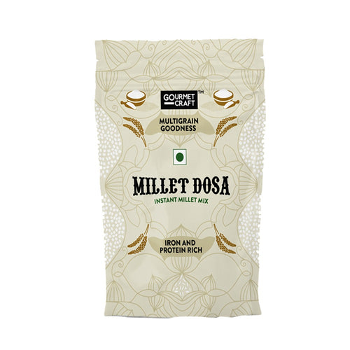 A pack of instant millet dosa mix with company name on it kept ahead of white background.
