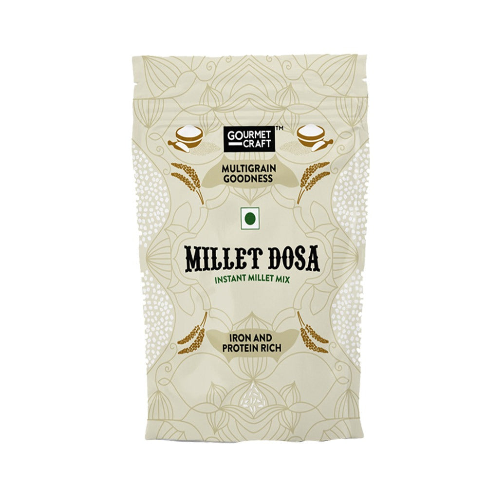 A pack of instant millet dosa mix with company name on it kept ahead of white background.