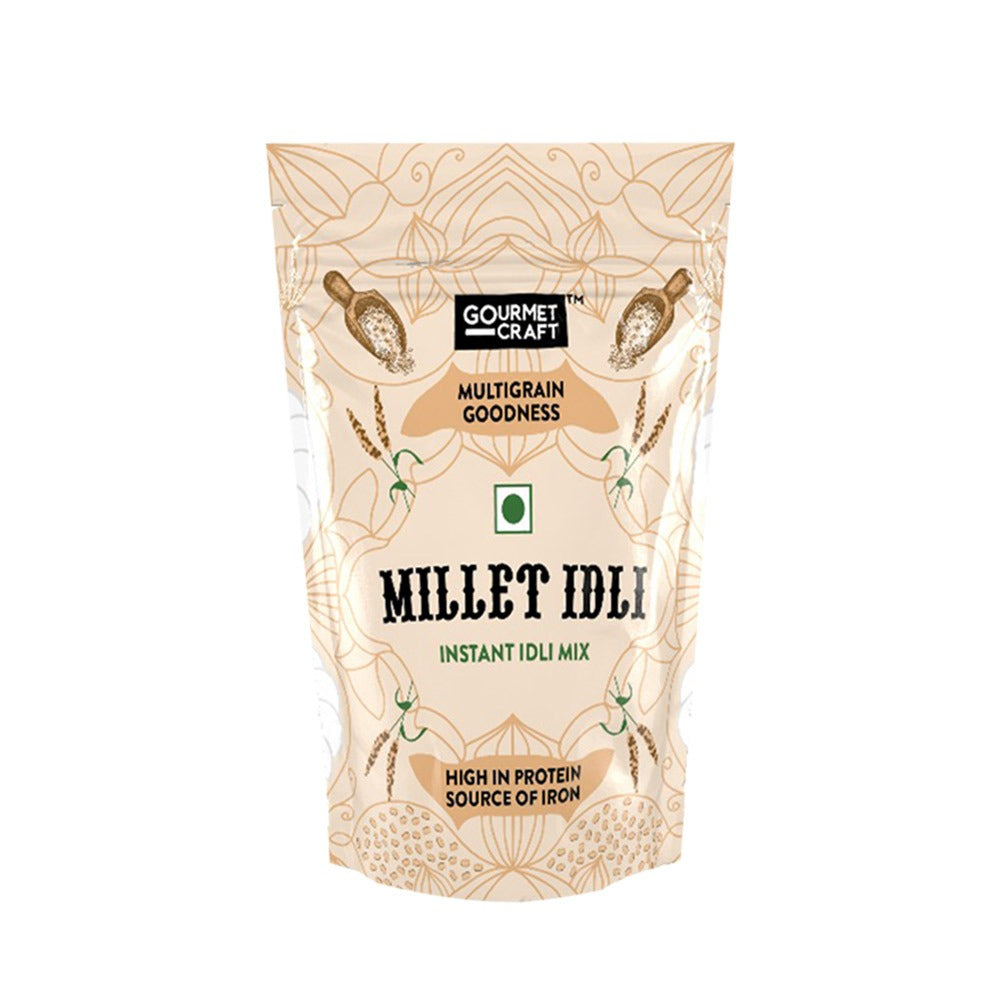 A pack of instant millet idli mix kept ahead of white background.