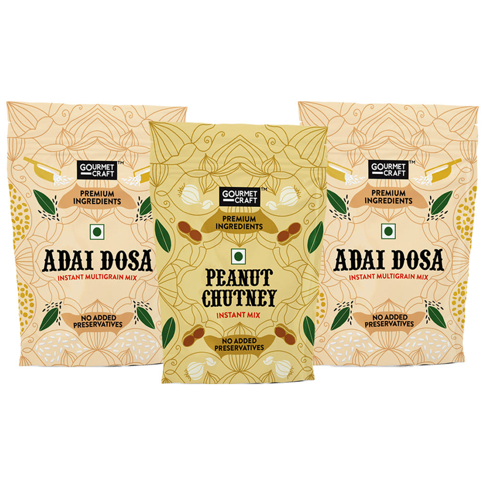A combo pack of multigrain instant adai dosa mix and instant peanut chutney mix with company name on it kept ahead of a white background.