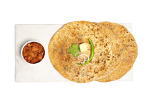 Load image into Gallery viewer, Delicious three achari paneer paratha with some garnishing upon it with achar kept aside.
