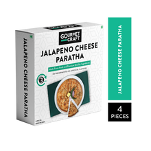 Load image into Gallery viewer, A white pack of frozen jalapeno cheese paratha with paratha image upon it.

